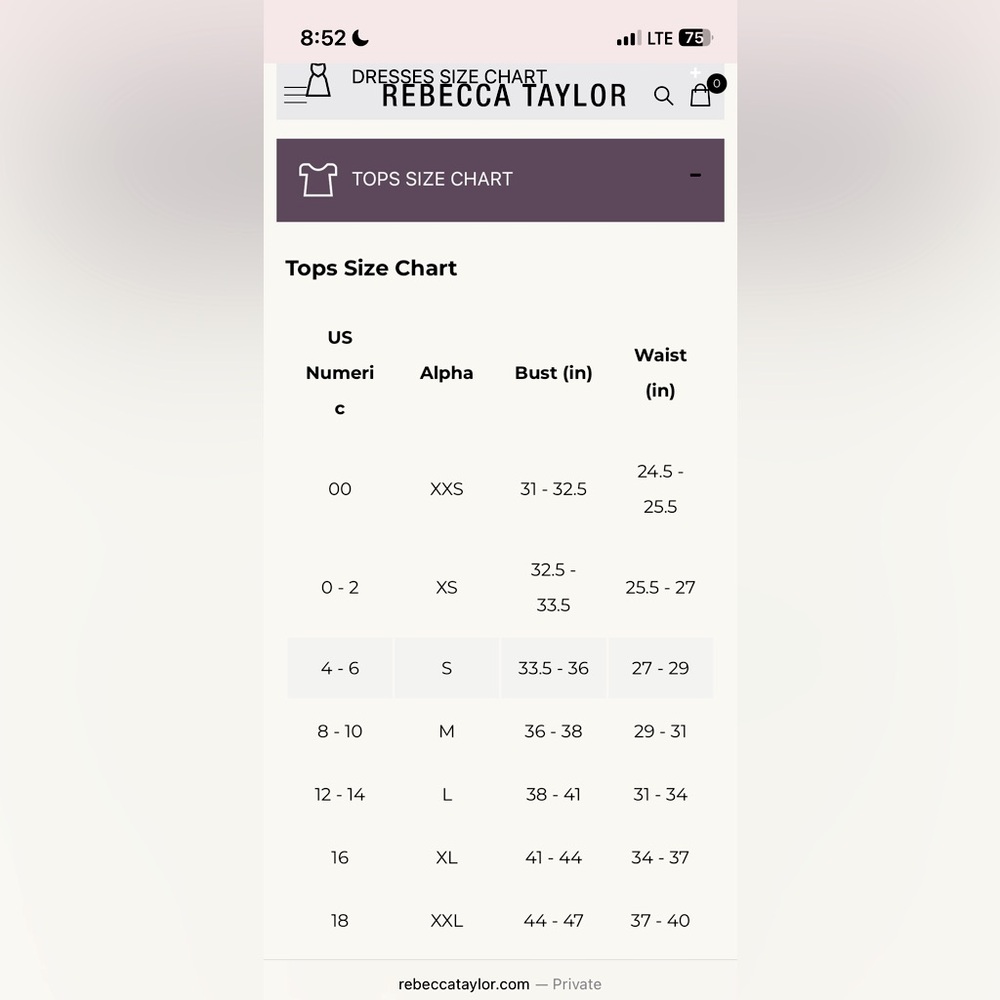 Rebecca Taylor size chart